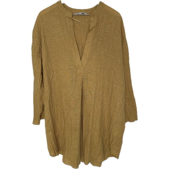 ZARA PLEATED LINEN BLEND TUNIC DRESS ZW COLLECTION Boho Mustard Yellow XS - Picture 2 of 10